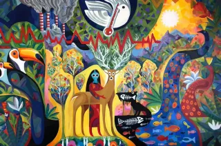 Image Credit: Degrees of Separation, 2019 © Almigdad Aldikhaiiry A painting by Almigdad Aldikhaiiry called Degrees of Seperation, 2019. The painting depicts a combination of the climate and health crisis.